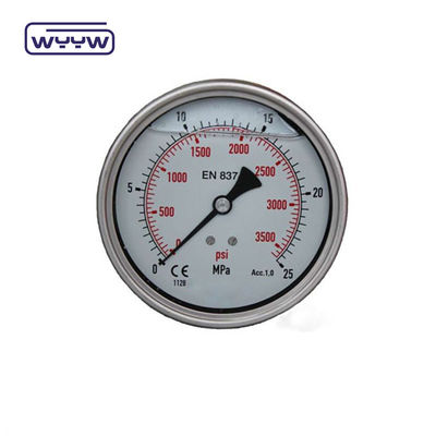 Back Mount Minyak Diisi Tekanan Gauge 100mm Ukuran Baja tahan karat
