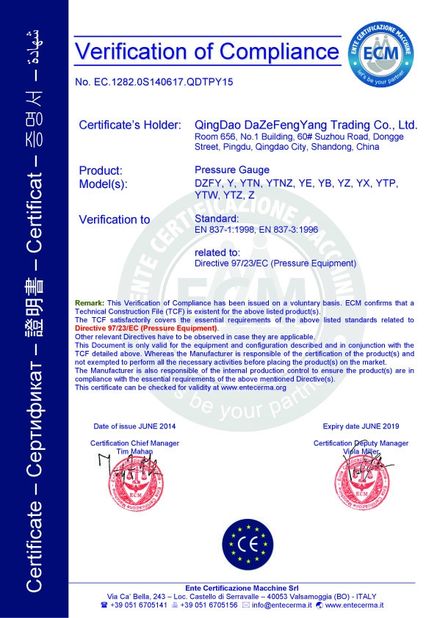 Cina Qingdao Dazefengyang Meter&amp; Welding Instruments Co., Ltd. Sertifikasi